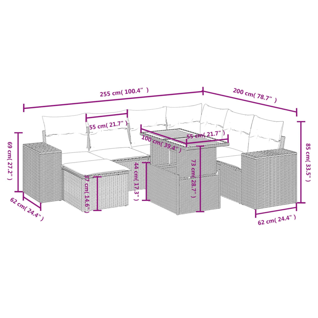 8-delige Loungeset met kussens poly rattan beige