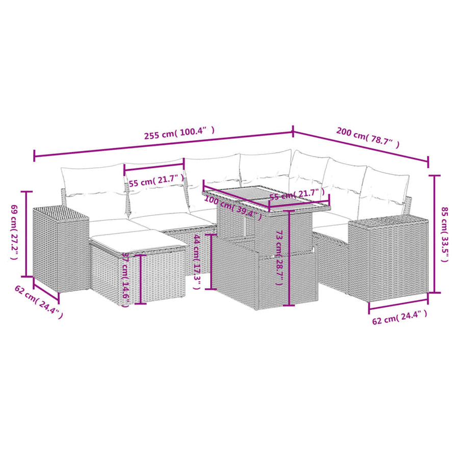 8-delige Loungeset met kussens poly rattan beige