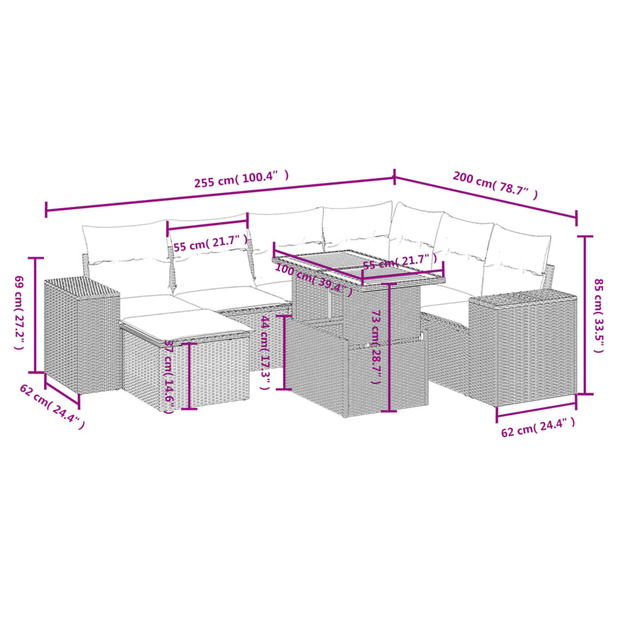 8-delige Loungeset met kussens poly rattan grijs