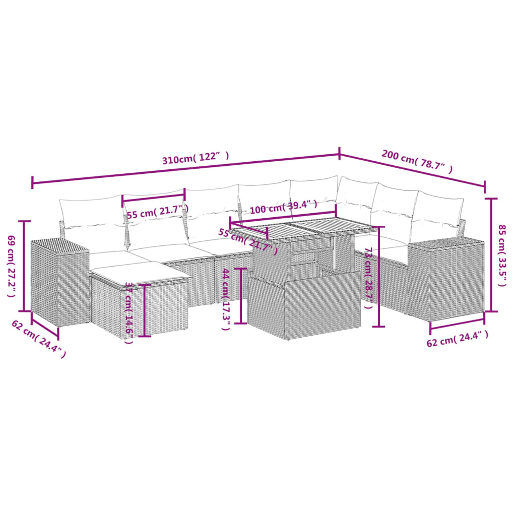 9-Delige Loungeset Met Kussens Poly Rattan Zwart