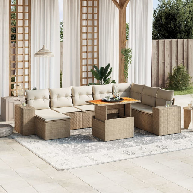 9-delige Loungeset met kussens poly rattan beige