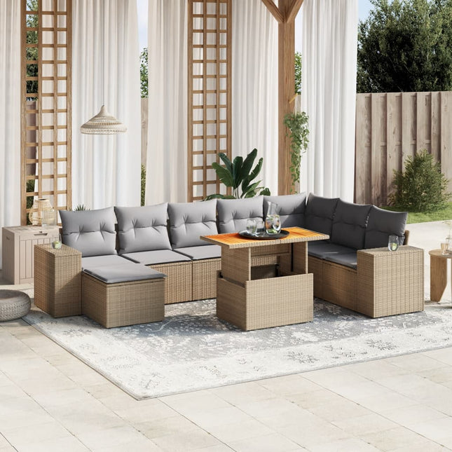 9-delige Loungeset met kussens poly rattan beige