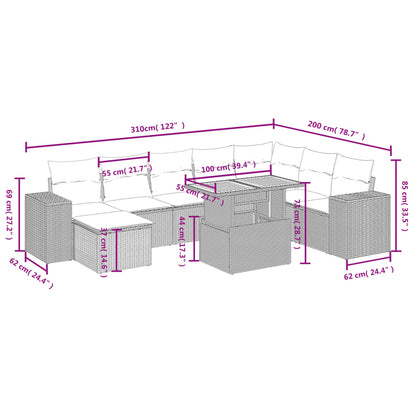 9-delige Loungeset met kussens poly rattan grijs