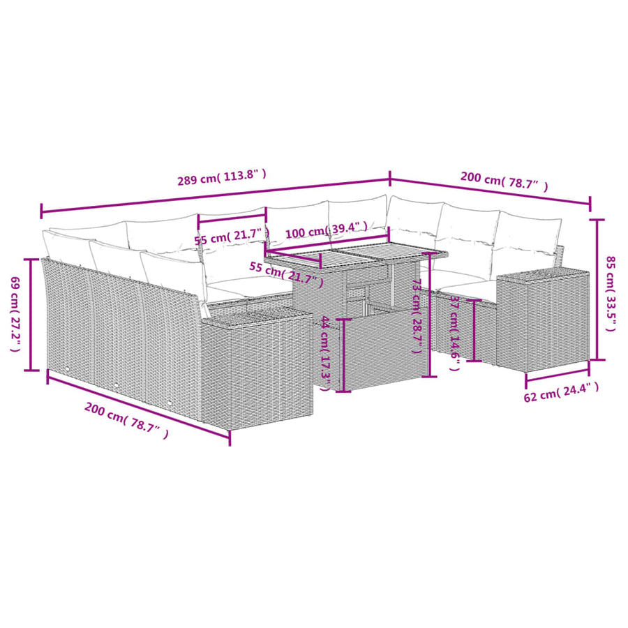 10-Delige Loungeset Met Kussens Poly Rattan Zwart