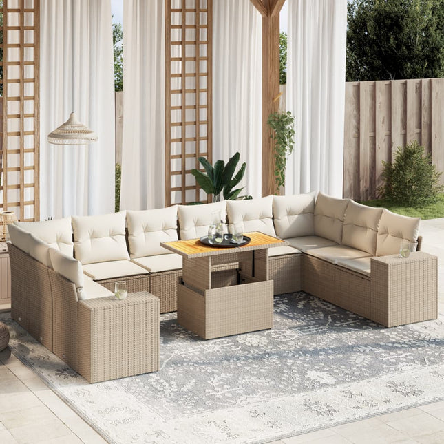 11-delige Tuinset met kussens poly rattan beige