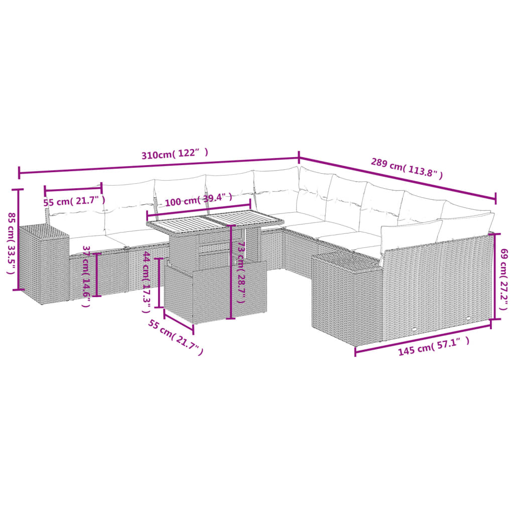 11-Delige Loungeset Met Kussens Poly Rattan Zwart