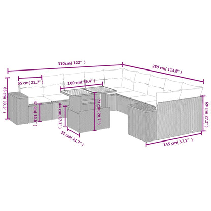 11-delige Loungeset met kussens poly rattan grijs