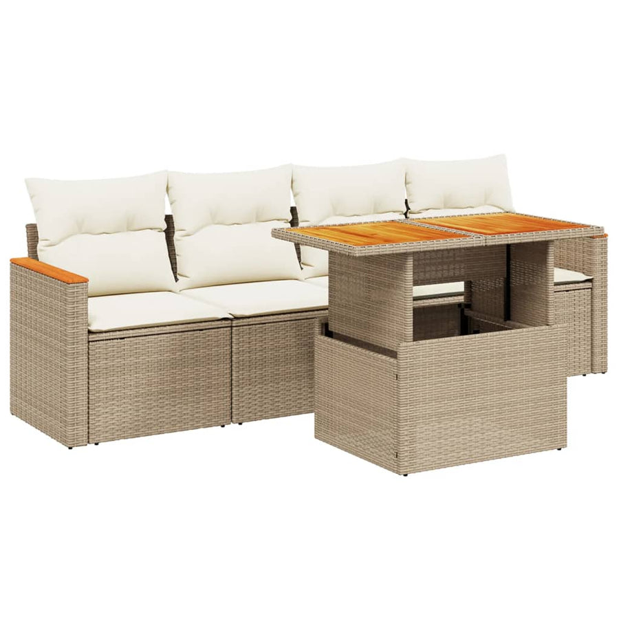 5-delige Loungeset met kussens poly rattan beige