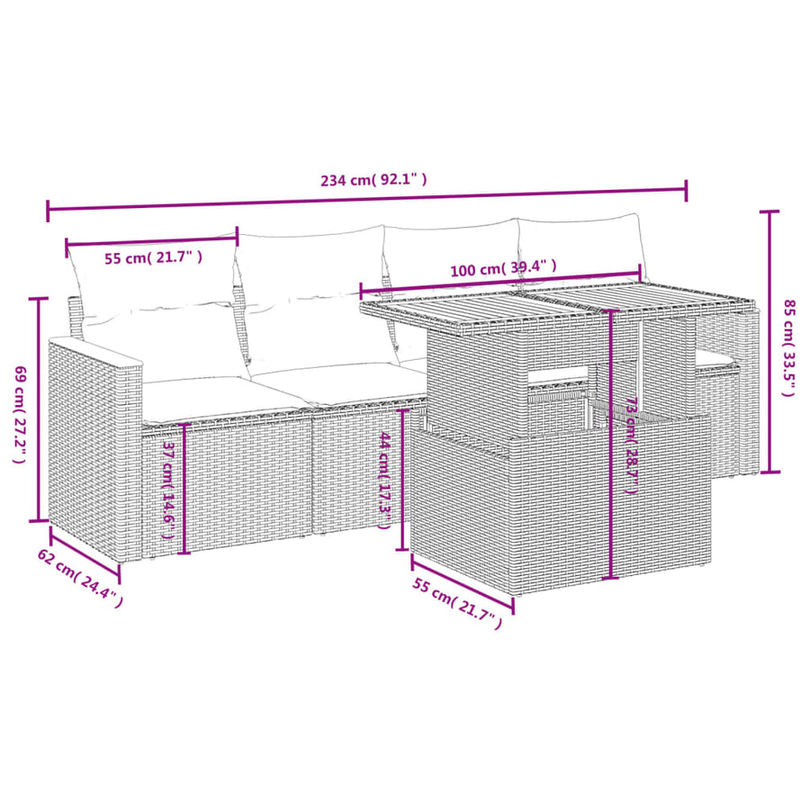5-delige Loungeset met kussens poly rattan beige