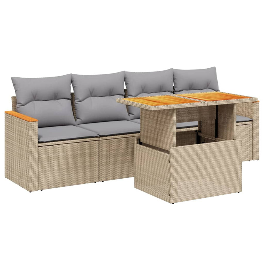 5-delige Loungeset met kussens poly rattan beige