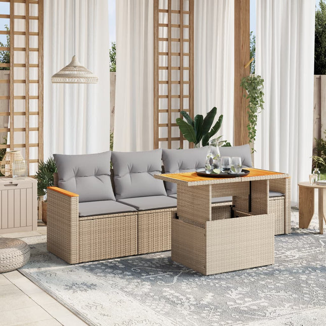 5-delige Loungeset met kussens poly rattan beige