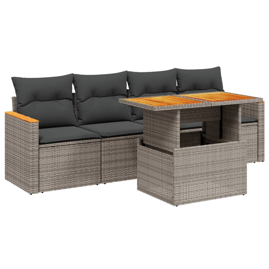 5-delige Loungeset met kussens poly rattan grijs