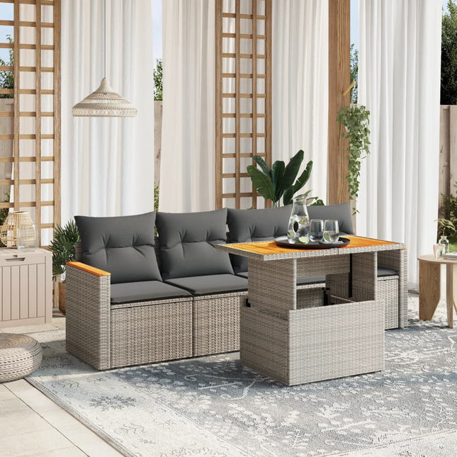 5-delige Loungeset met kussens poly rattan grijs