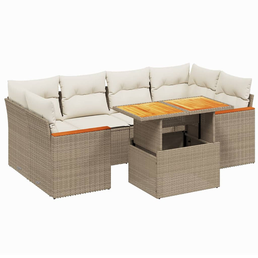 7-delige Loungeset met kussens poly rattan beige
