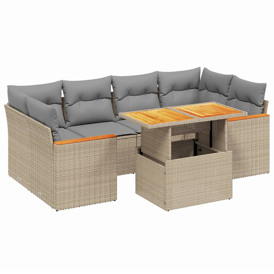 7-delige Loungeset met kussens poly rattan beige