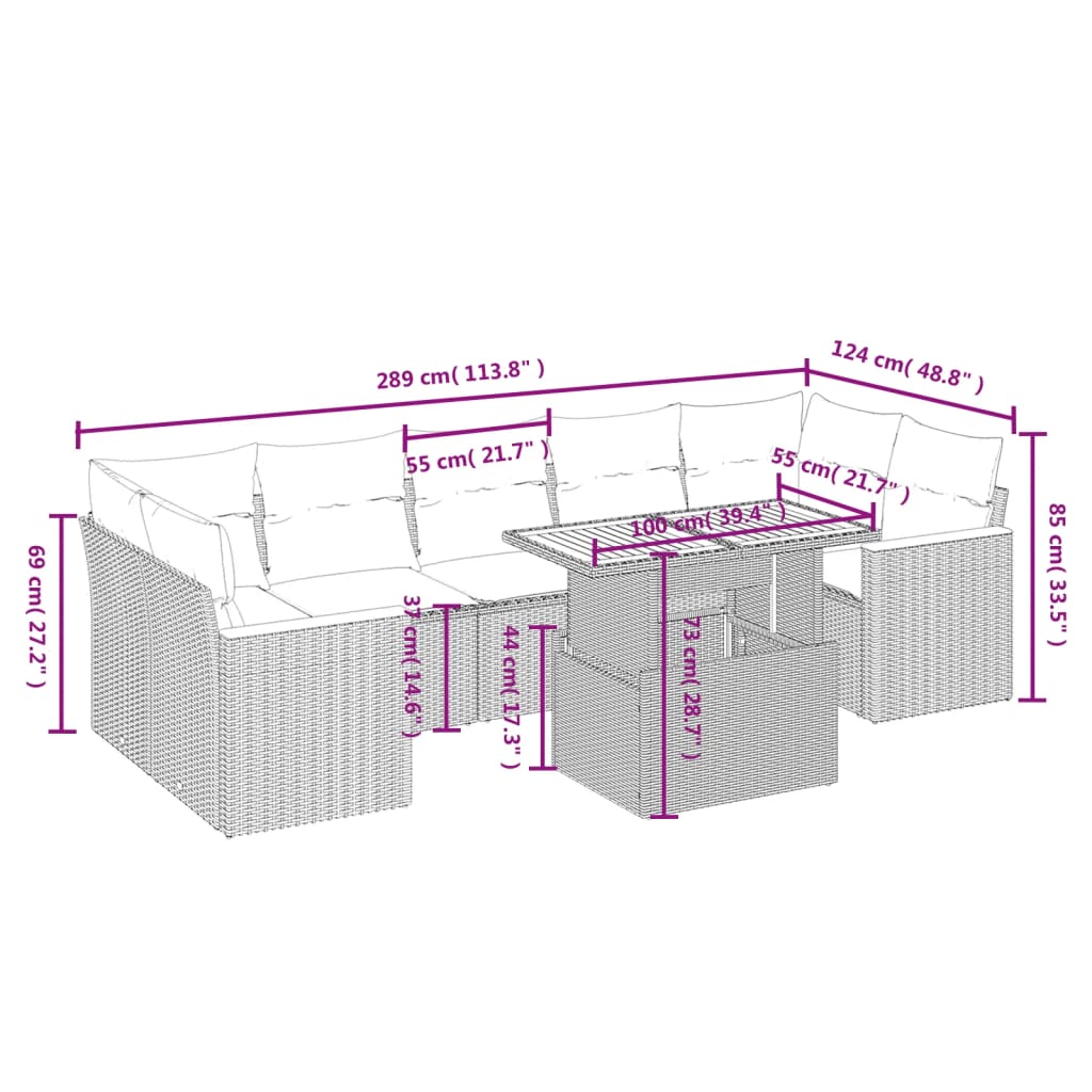 8-delige Loungeset met kussens poly rattan beige