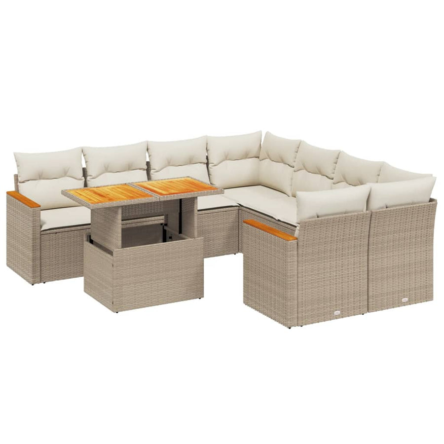 9-delige Loungeset met kussens poly rattan beige