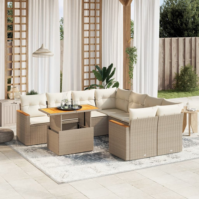 9-delige Loungeset met kussens poly rattan beige