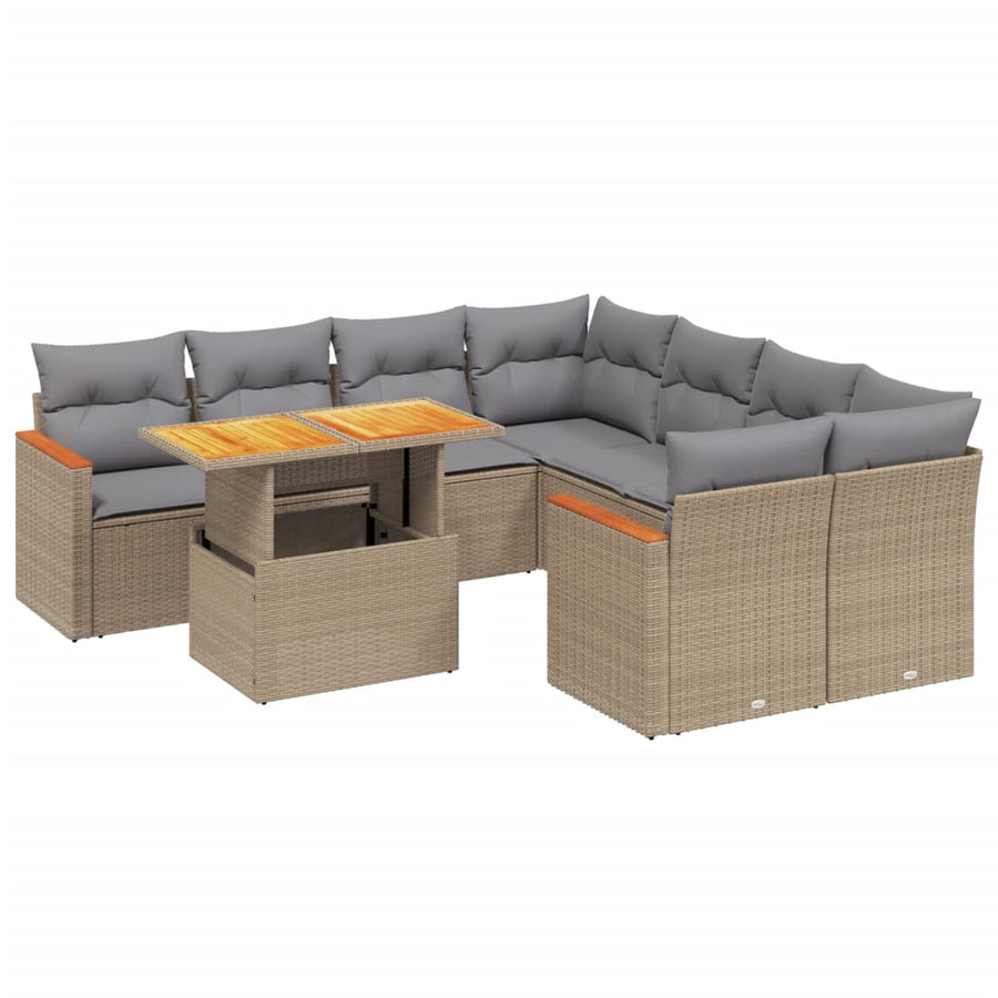 9-delige Loungeset met kussens poly rattan beige