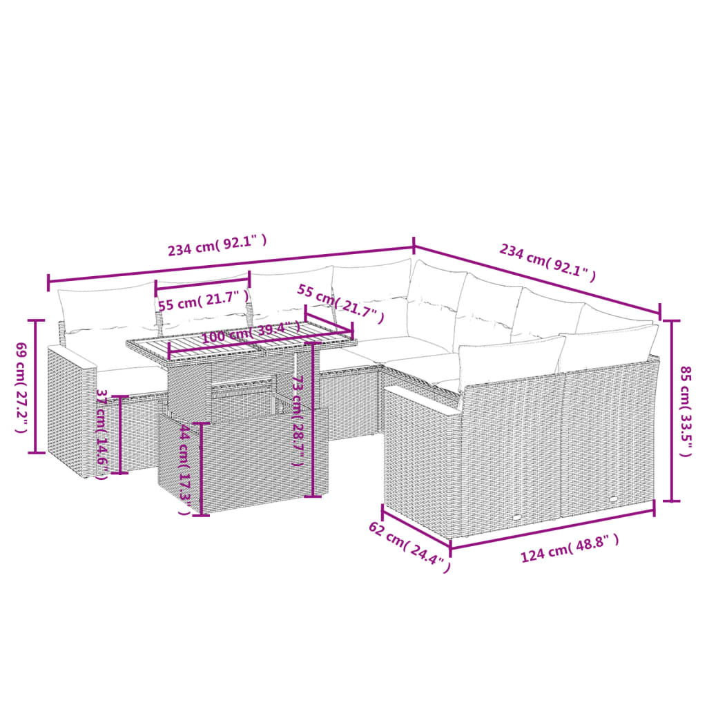 9-delige Loungeset met kussens poly rattan beige