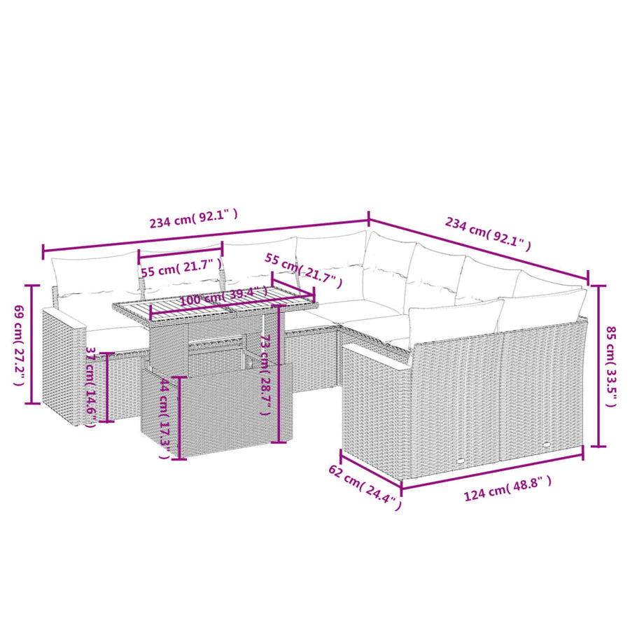 9-delige Loungeset met kussens poly rattan beige