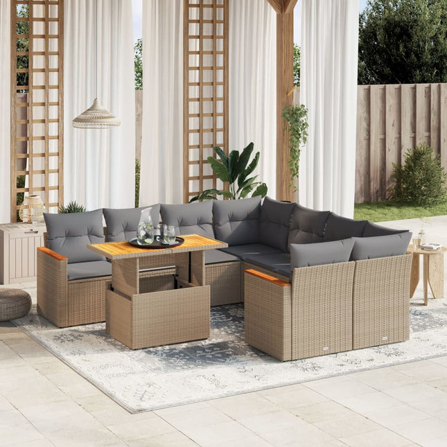 9-delige Loungeset met kussens poly rattan beige