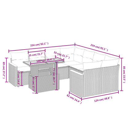 9-delige Loungeset met kussens poly rattan grijs