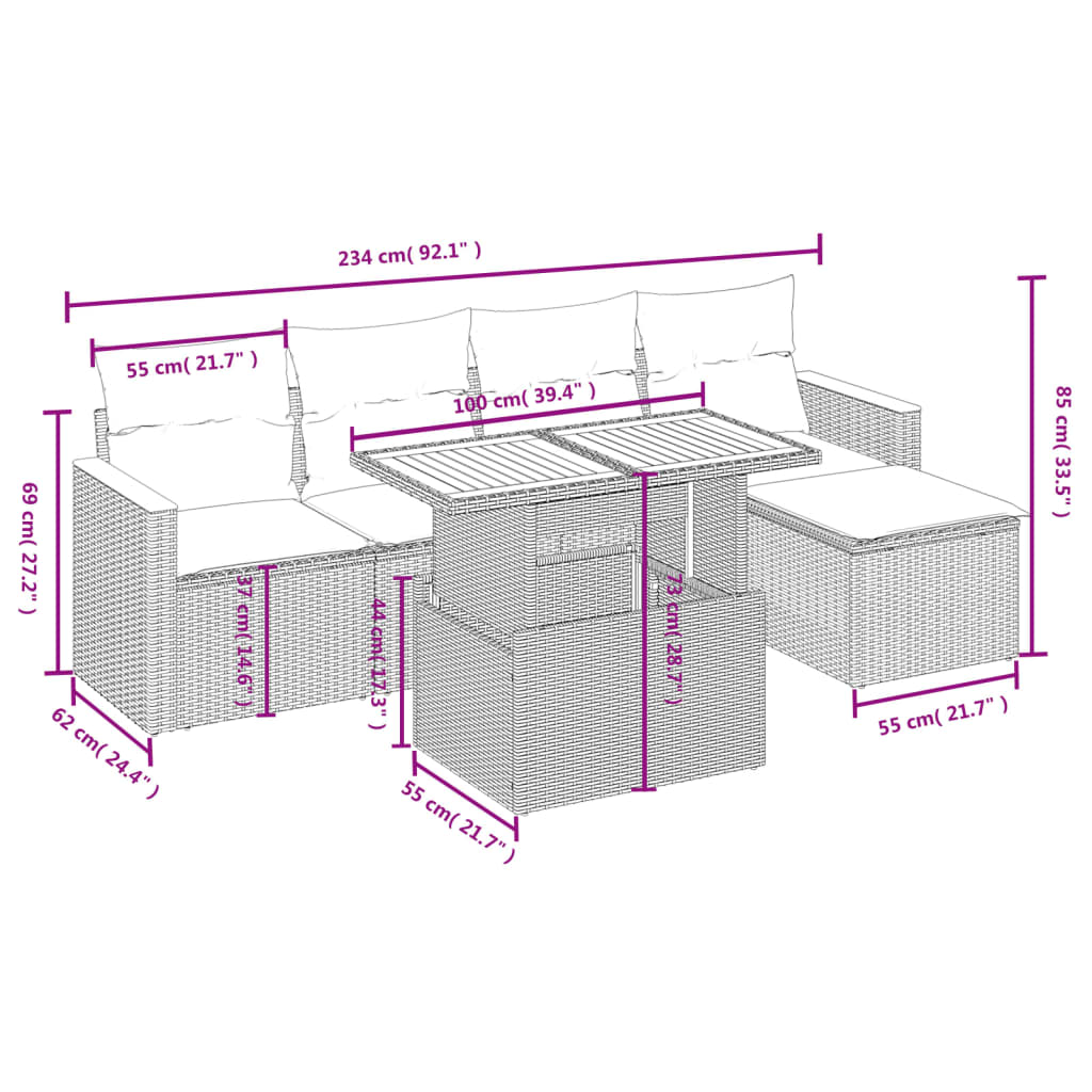 6-delige Loungeset met kussens poly rattan beige