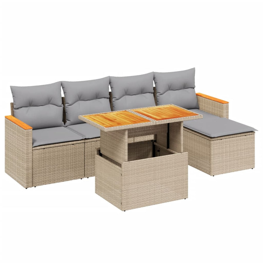 6-delige Loungeset met kussens poly rattan beige