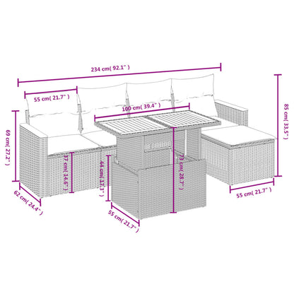 6-delige Loungeset met kussens poly rattan beige