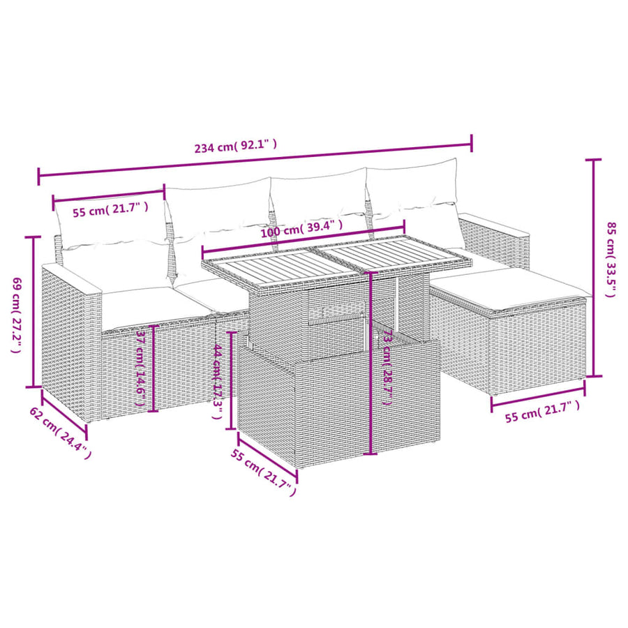 6-delige Loungeset met kussens poly rattan beige