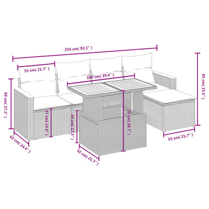 6-delige Loungeset met kussens poly rattan grijs