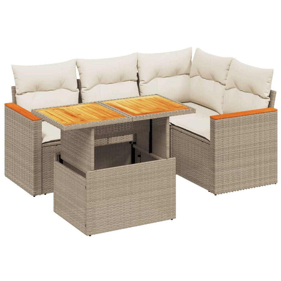 5-delige Loungeset met kussens poly rattan beige