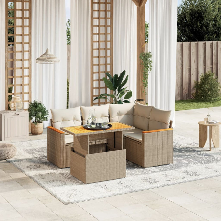 5-delige Loungeset met kussens poly rattan beige