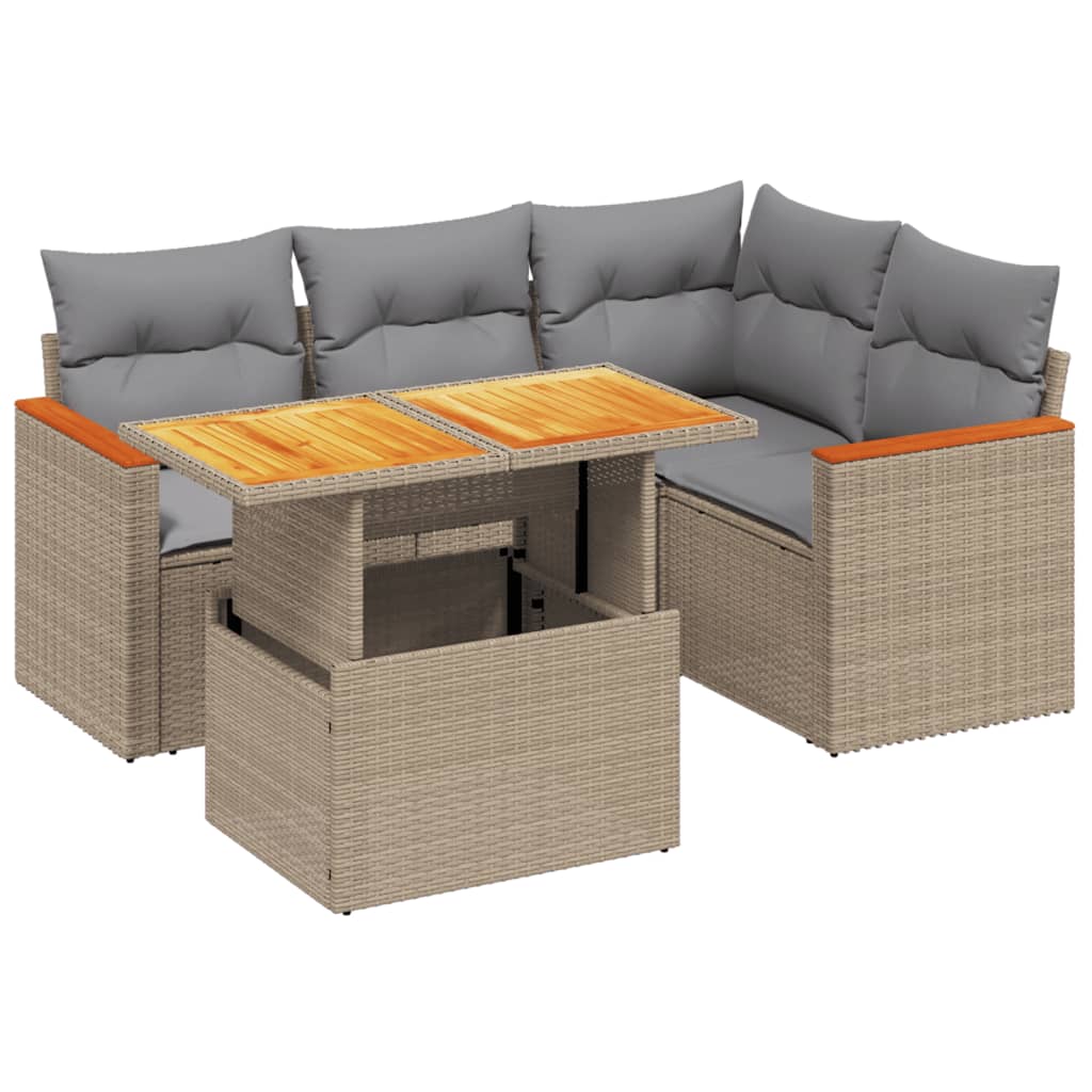 5-delige Loungeset met kussens poly rattan beige