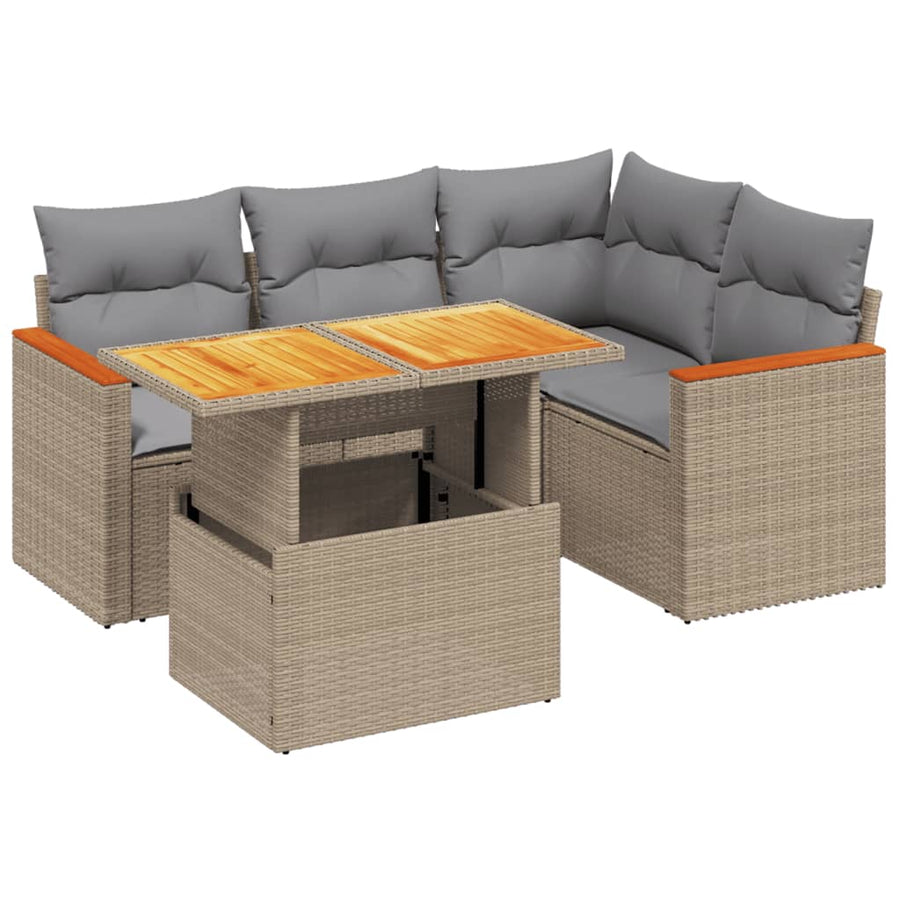 5-delige Loungeset met kussens poly rattan beige