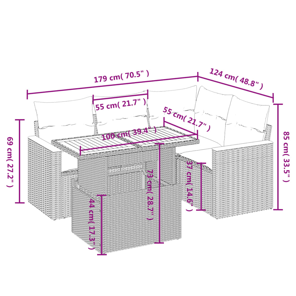 5-delige Loungeset met kussens poly rattan beige