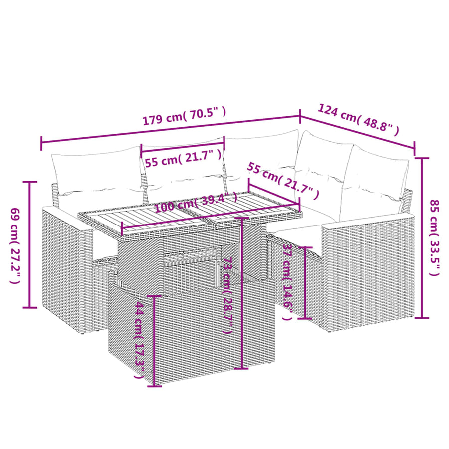 5-delige Loungeset met kussens poly rattan beige