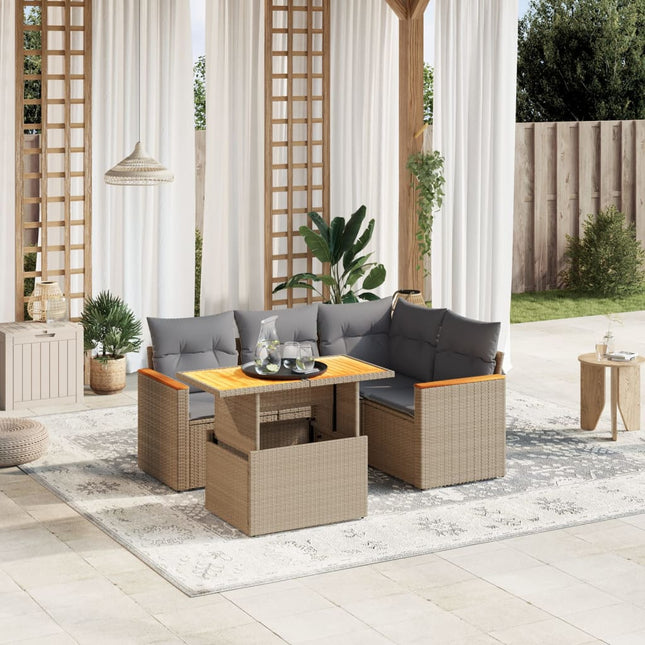 5-delige Loungeset met kussens poly rattan beige