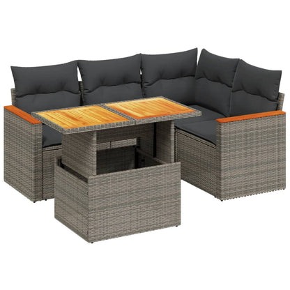 5-delige Loungeset met kussens poly rattan grijs