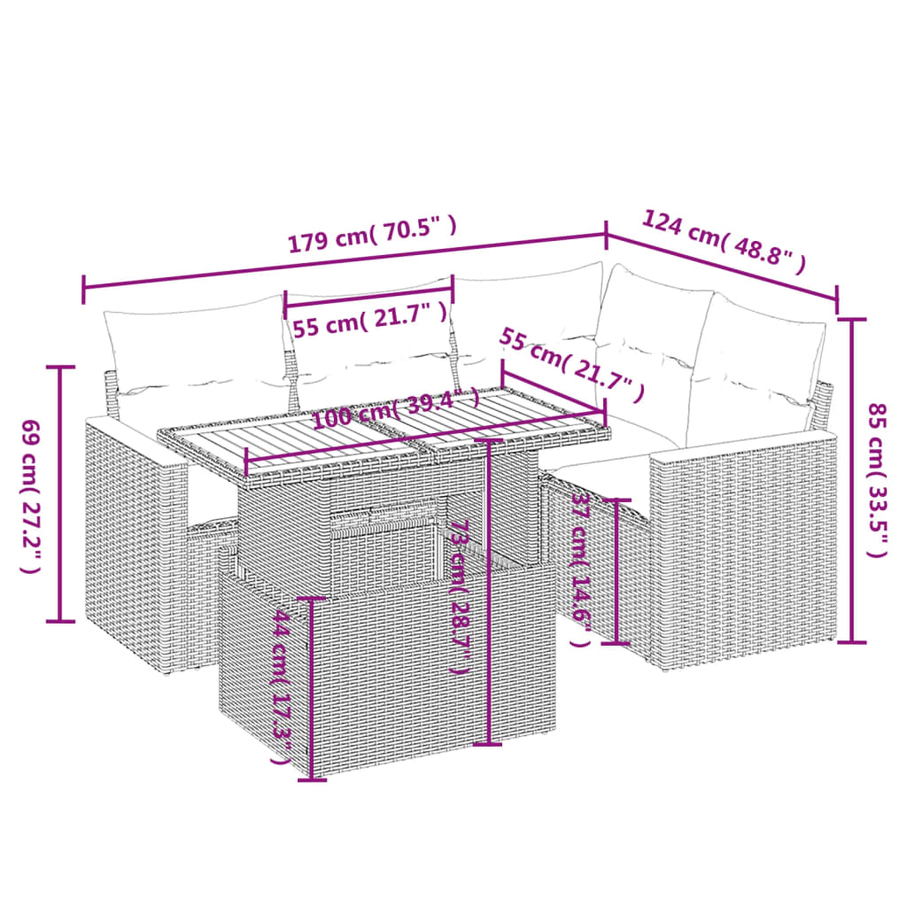 5-delige Loungeset met kussens poly rattan grijs