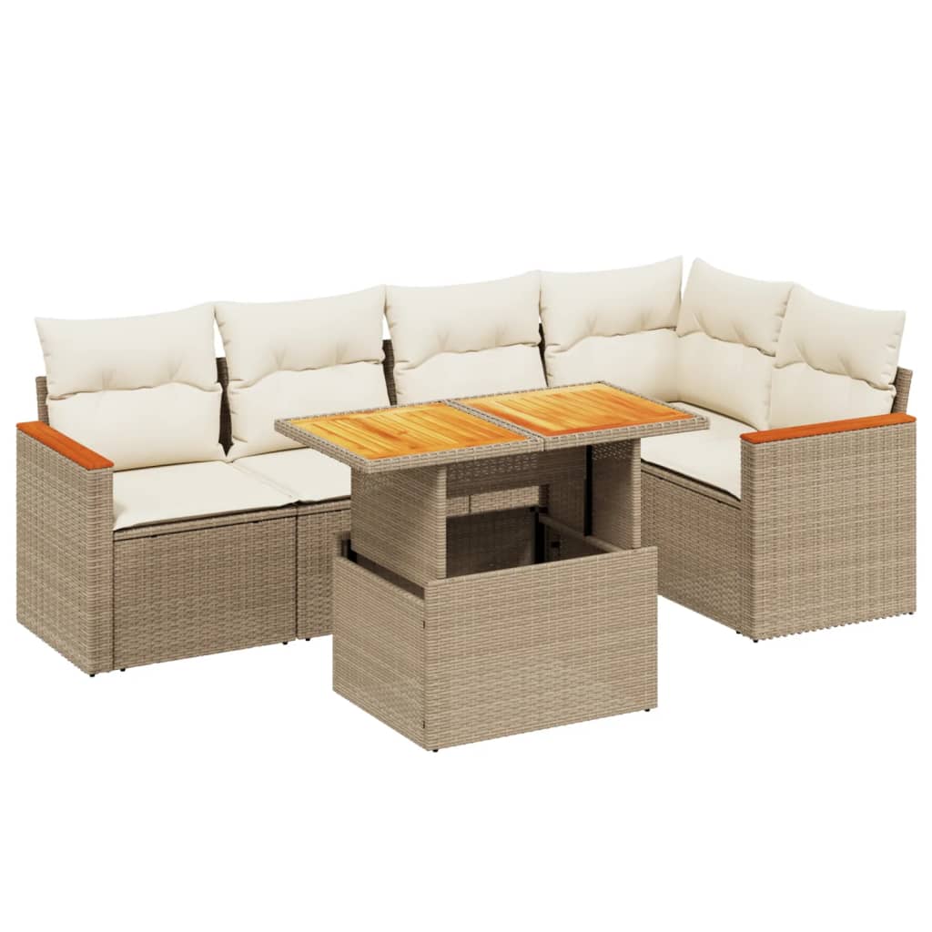 6-delige Loungeset met kussens poly rattan beige