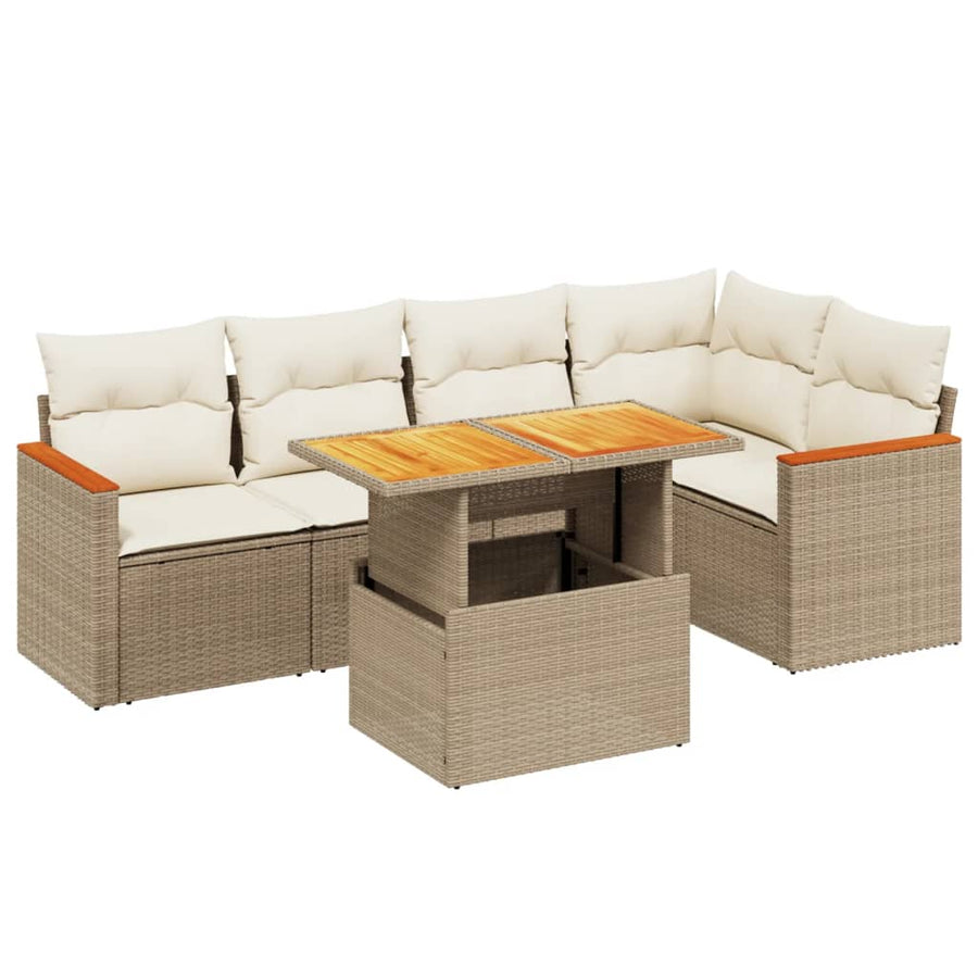 6-delige Loungeset met kussens poly rattan beige