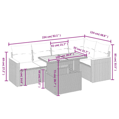 6-delige Loungeset met kussens poly rattan beige