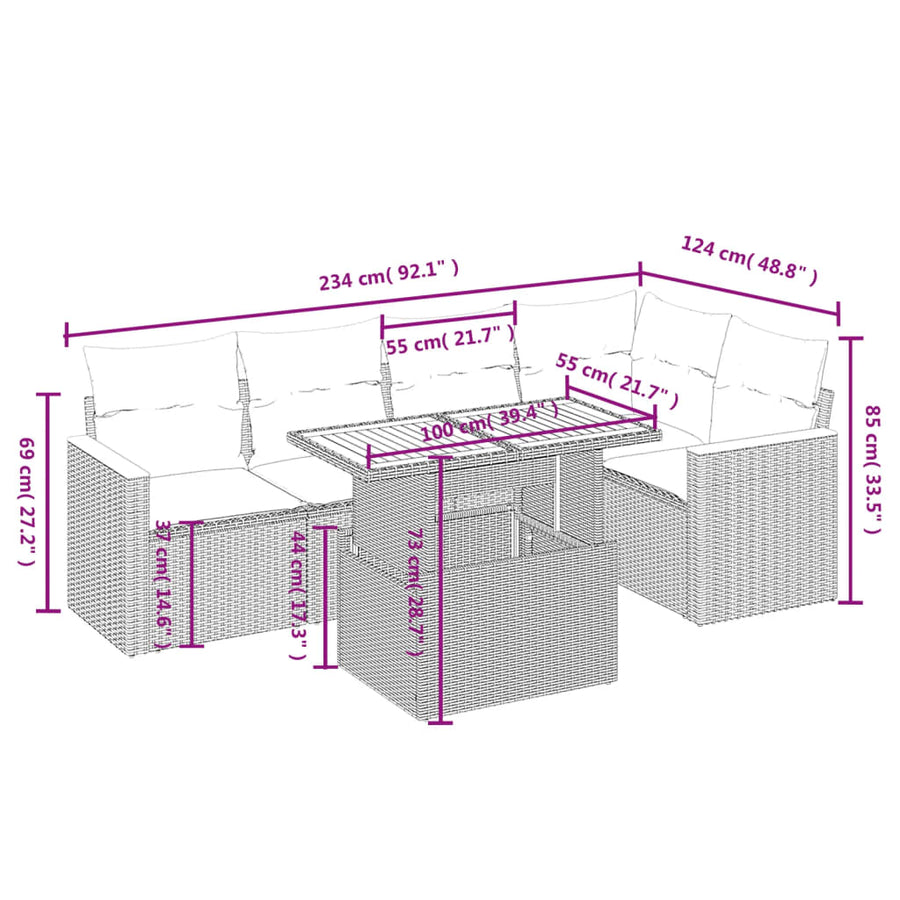 6-delige Loungeset met kussens poly rattan beige