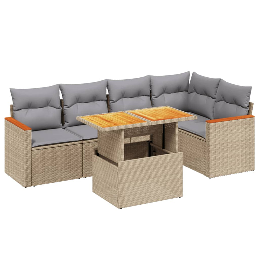 6-delige Loungeset met kussens poly rattan beige
