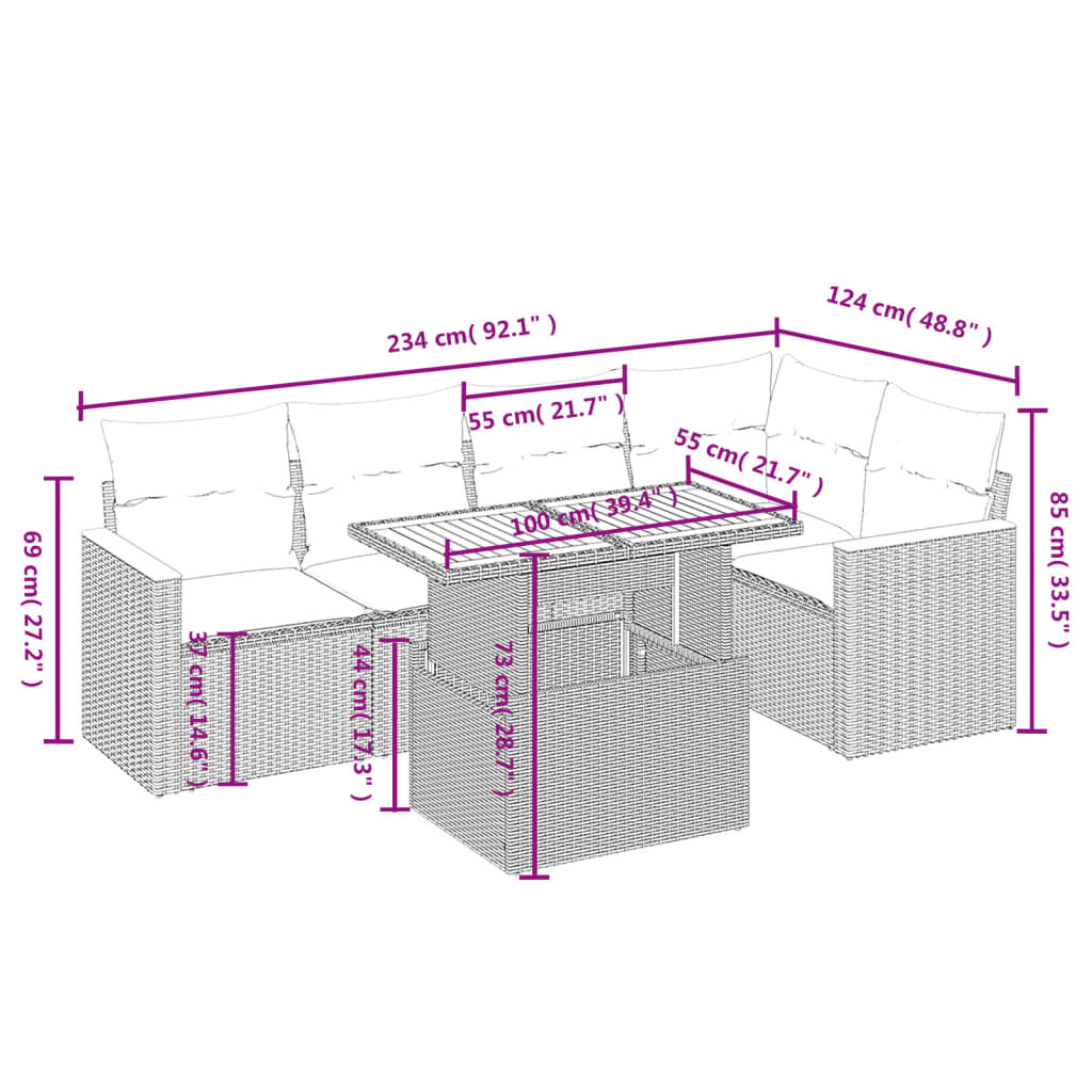6-delige Loungeset met kussens poly rattan beige