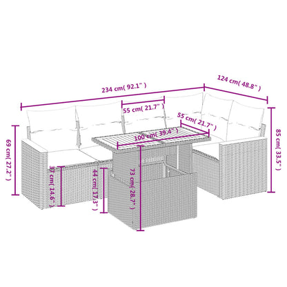 6-delige Loungeset met kussens poly rattan beige