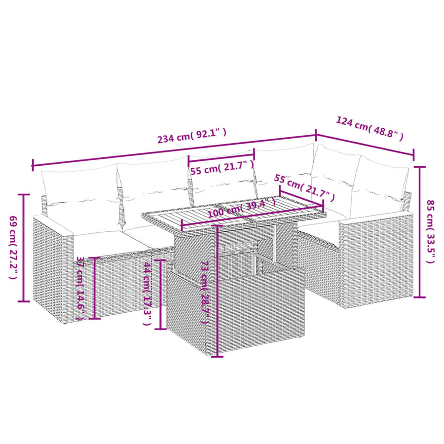 6-delige Loungeset met kussens poly rattan beige