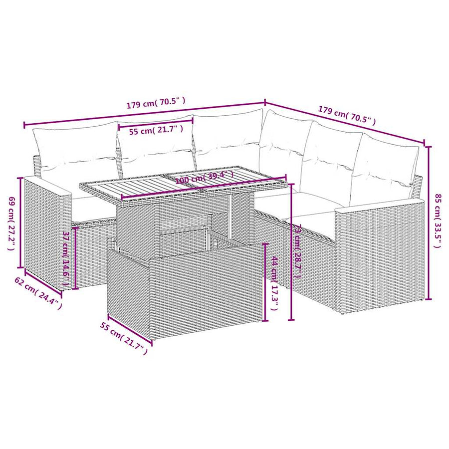 6-delige Loungeset met kussens poly rattan beige